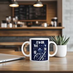Mug with motivational quote on a table in a coffee shop setting