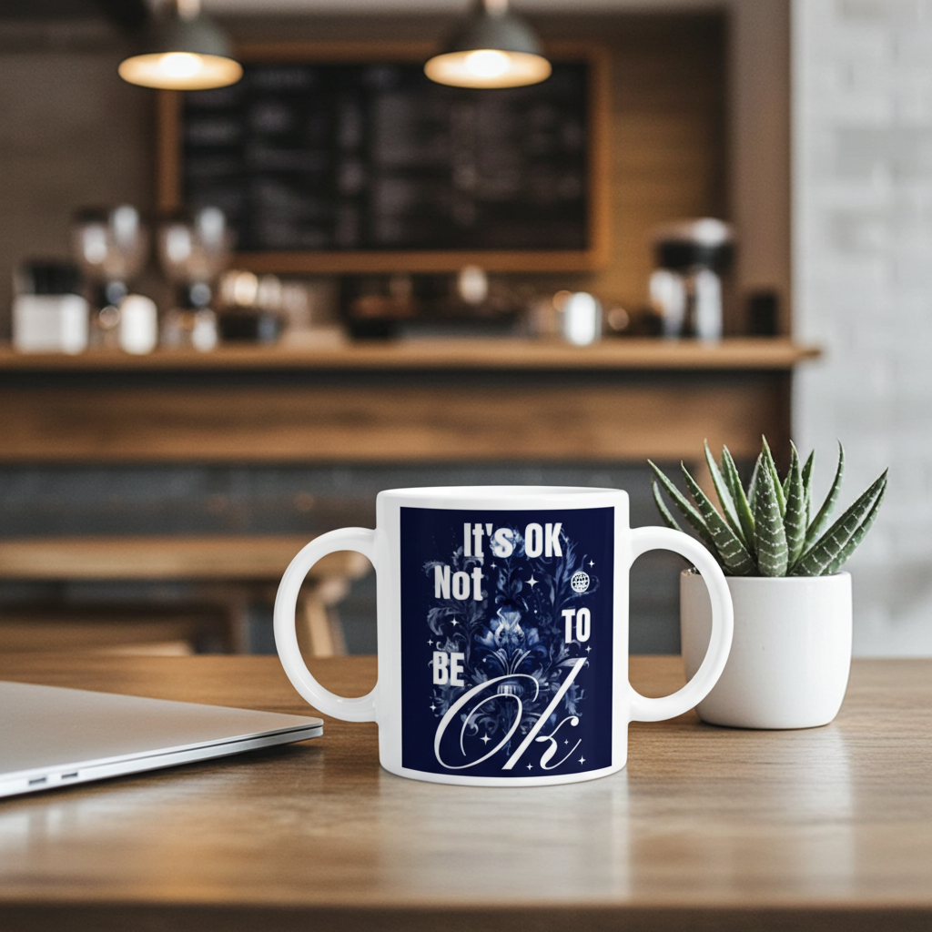 Mug with motivational quote on a table in a coffee shop setting