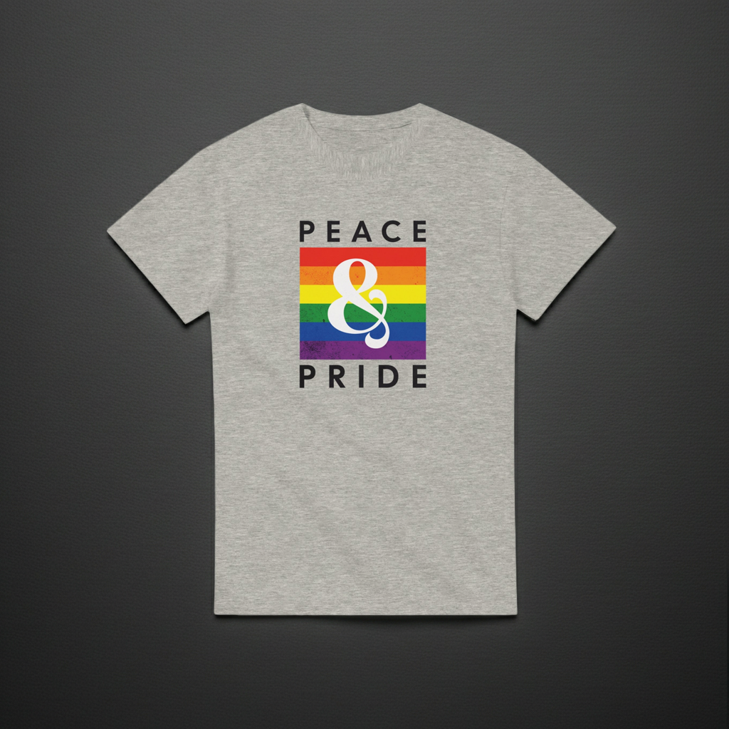 Gray t-shirt with a rainbow flag and 'Peace & Pride' text on a dark gray background