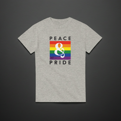 Gray t-shirt with a rainbow flag and 'Peace & Pride' text on a dark gray background