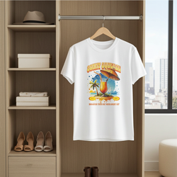 White t-shirt with a colorful graphic design hanging in a wardrobe.