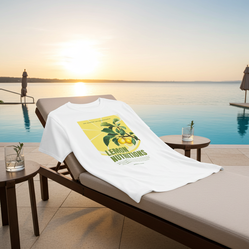 White t-shirt with lemon design on a lounge chair by a pool at sunset