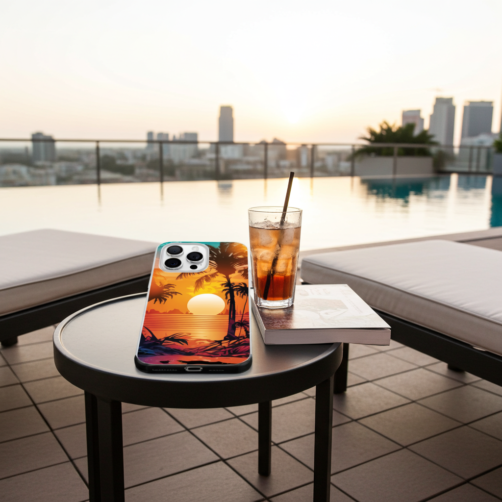 Phone case with sunset design on a table by a poolside with a cityscape in the background