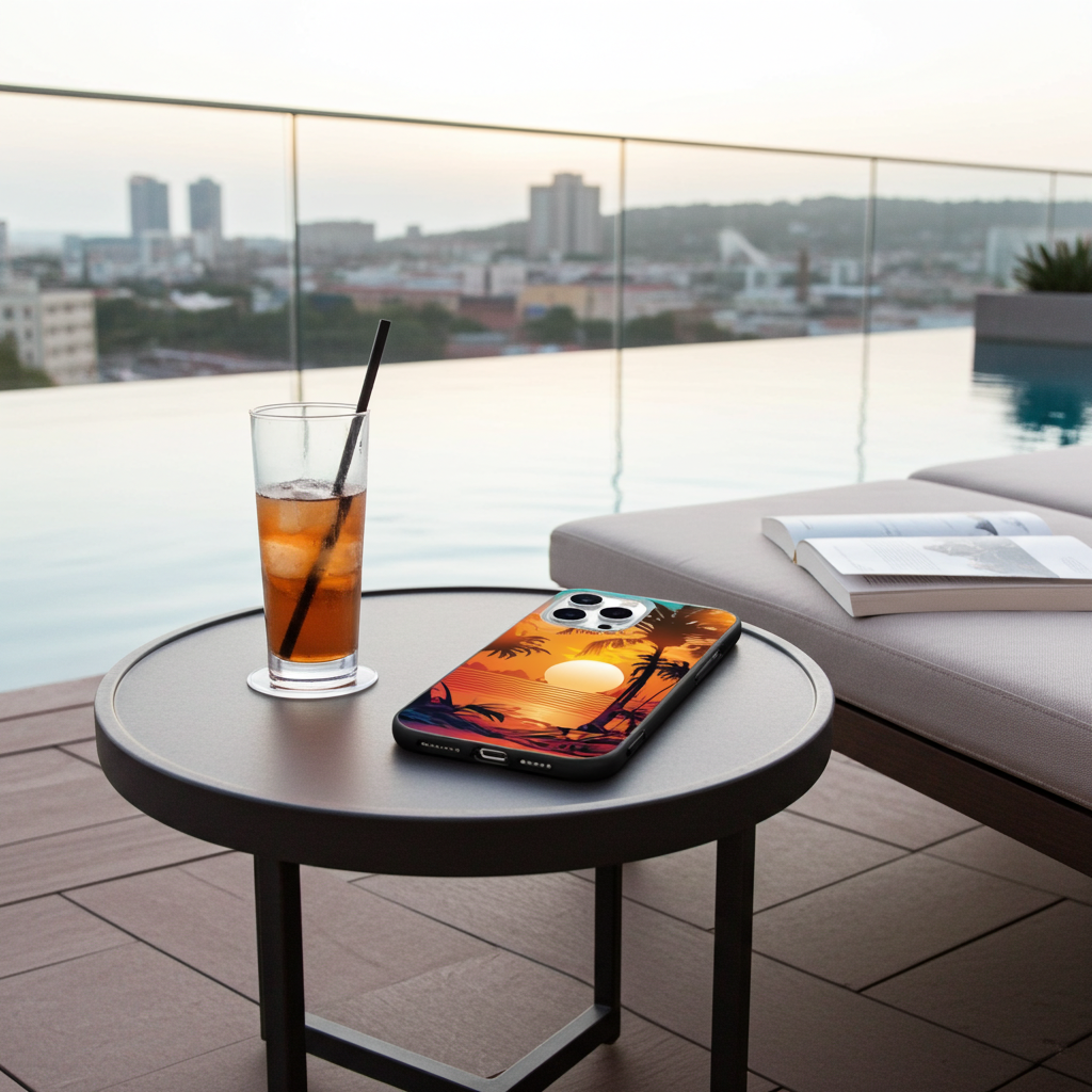 Phone with a sunset case on a table by a poolside with a cityscape view