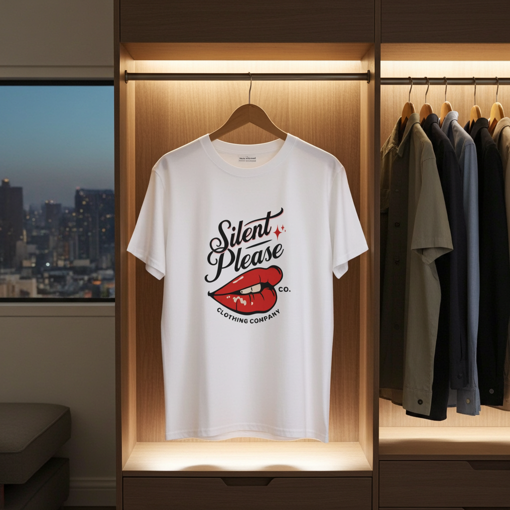 White t-shirt with graphic design on a hanger in a well-lit wardrobe.