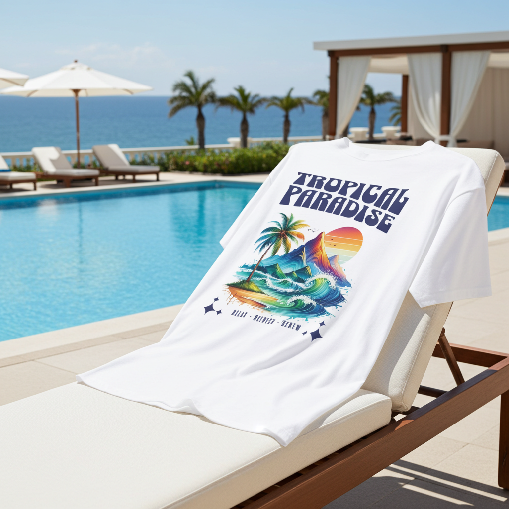White T-Shirt with 'Tropical Paradise' design on a lounge chair by a pool with ocean view