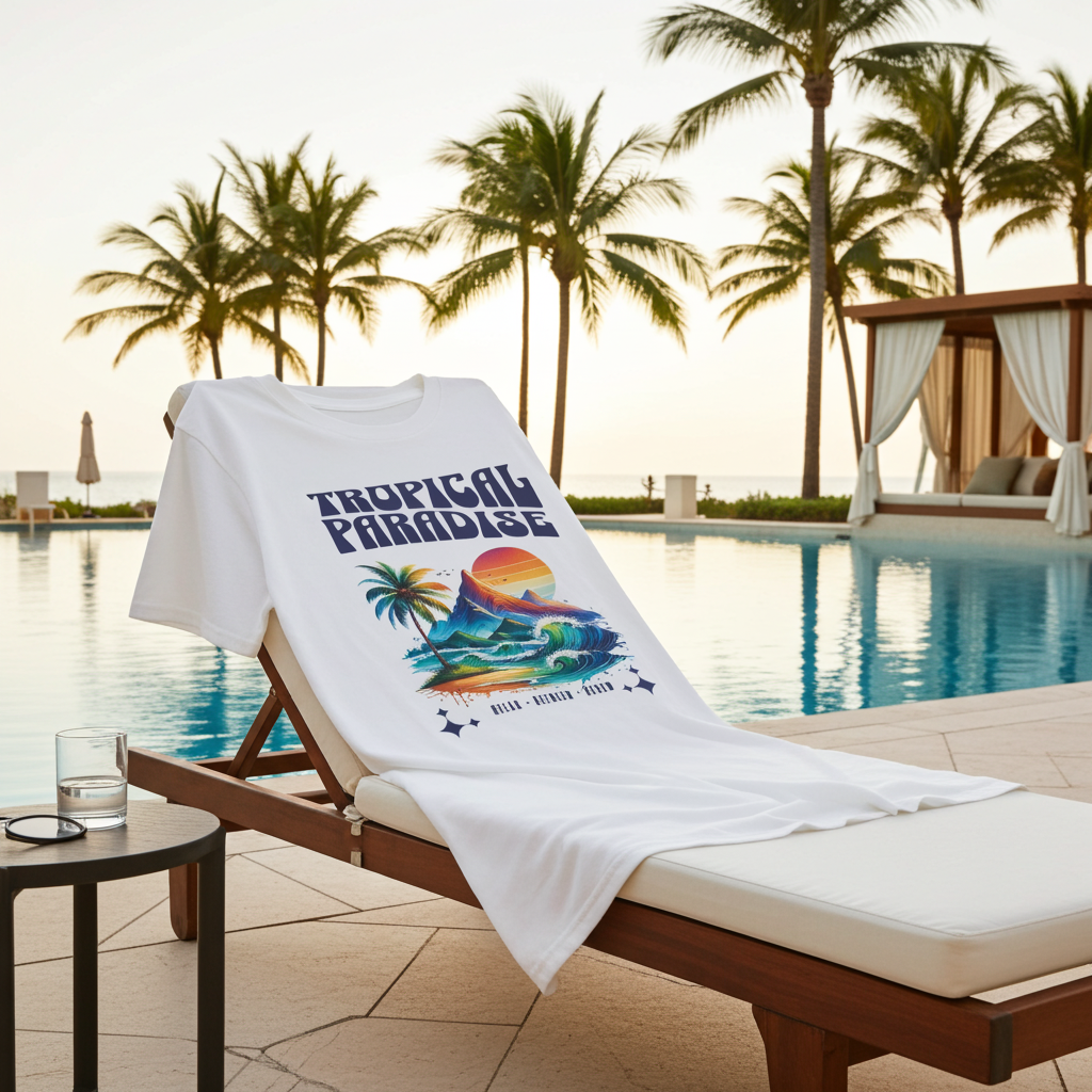 White t-shirt with 'Tropical Paradise' design on a lounge chair by a pool with palm trees in the background.