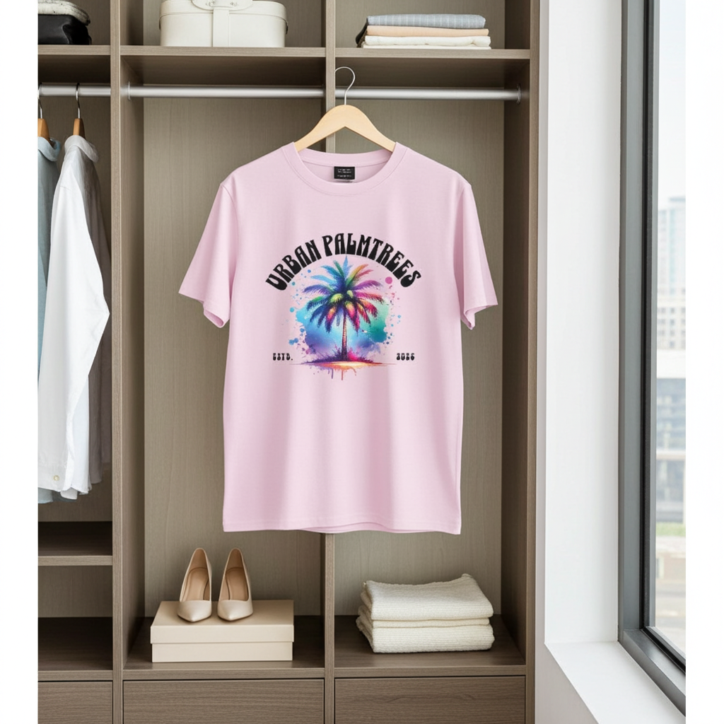 Pink t-shirt with colorful palm tree design hanging in a wardrobe.