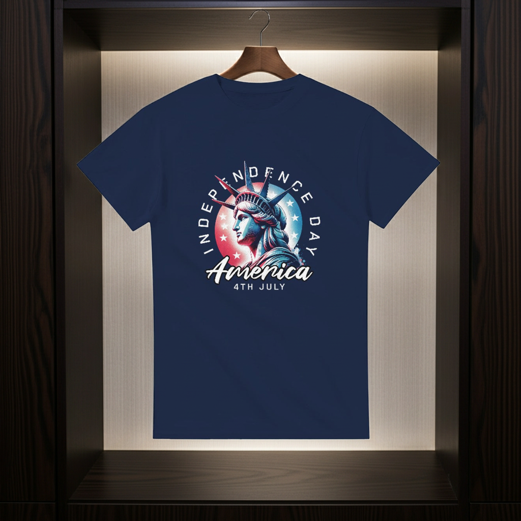Navy blue t-shirt with 'Independence Day America 4th July' design on a wooden hanger.