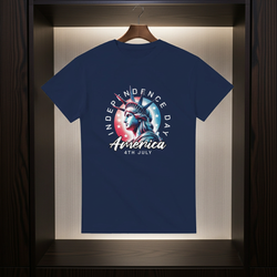 Navy blue t-shirt with 'Independence Day America 4th July' design on a wooden hanger.