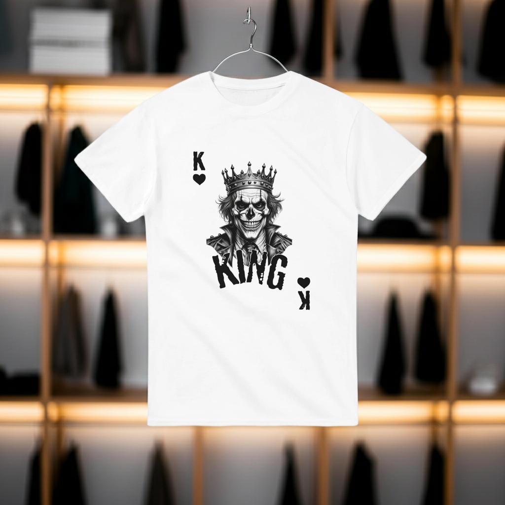 White t-shirt with a black graphic design of a skull wearing a crown and the word 'KING' on a hanger against a blurred background.