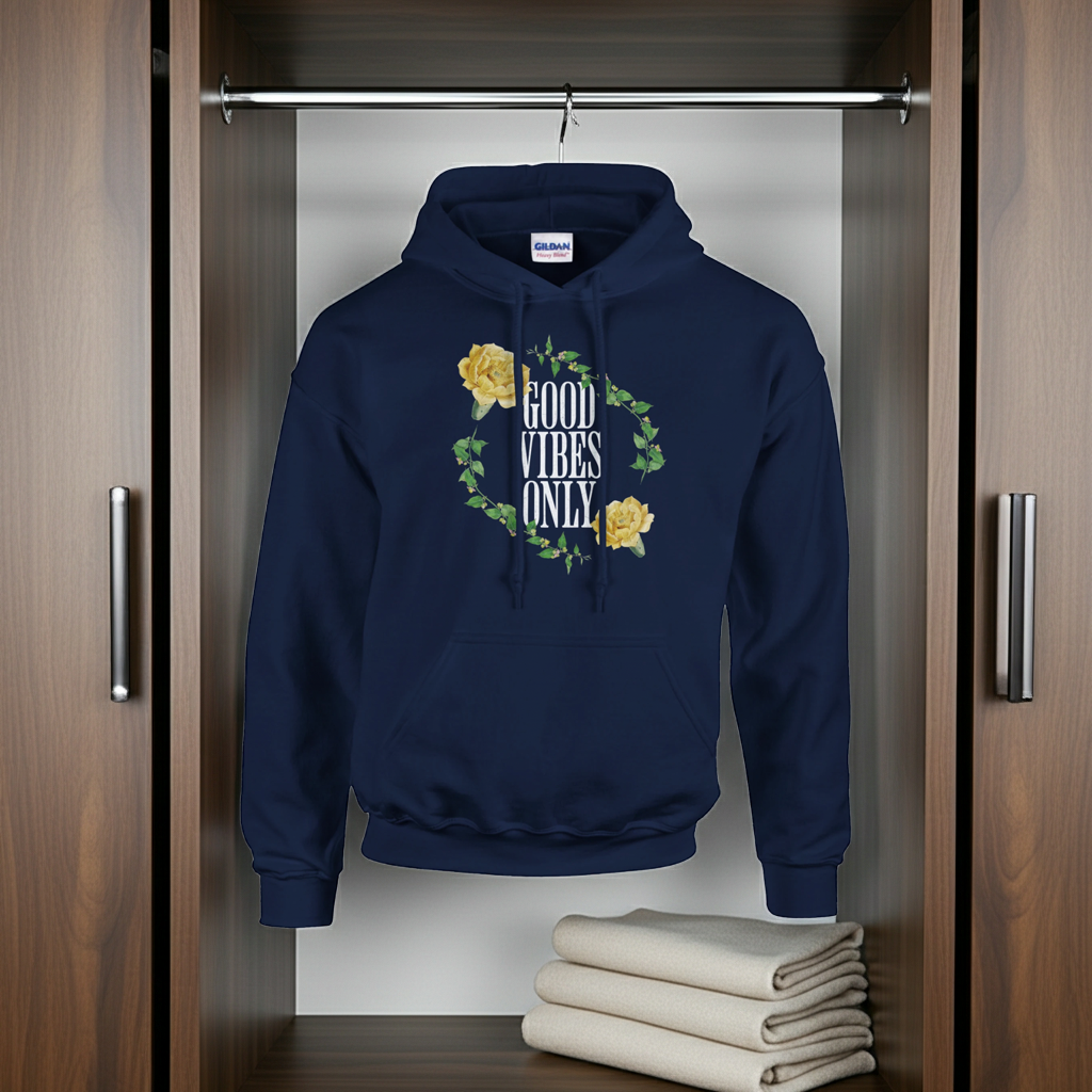 Navy blue hoodie with 'Good Vibes Only' text and yellow flowers hanging in a closet.