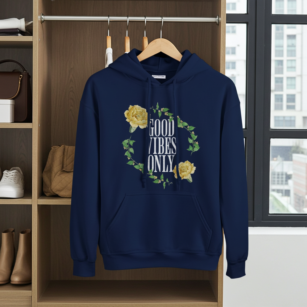 Navy blue hoodie with 'Good Vibes Only' text and roses on a hanger in a wardrobe.