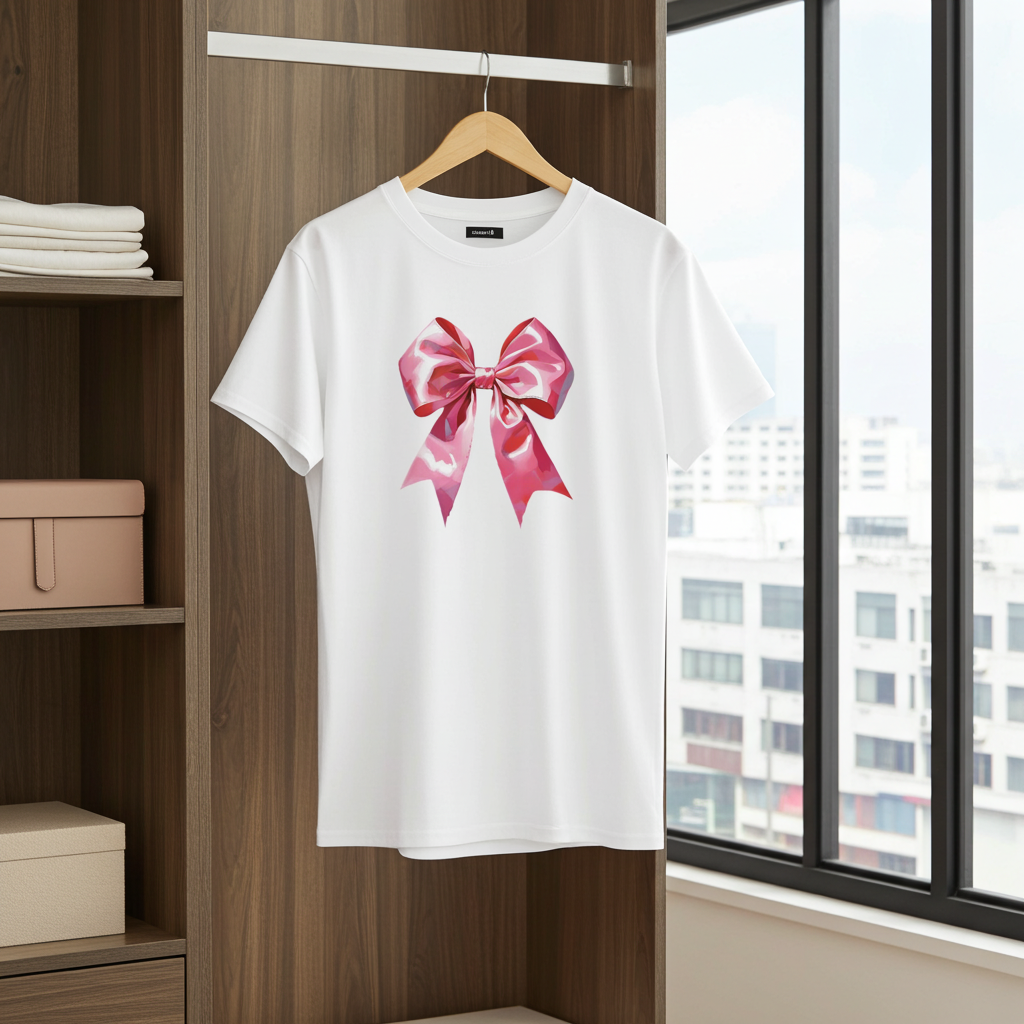 White t-shirt with a pink bow design hanging in a room with wooden shelves and a window view.
