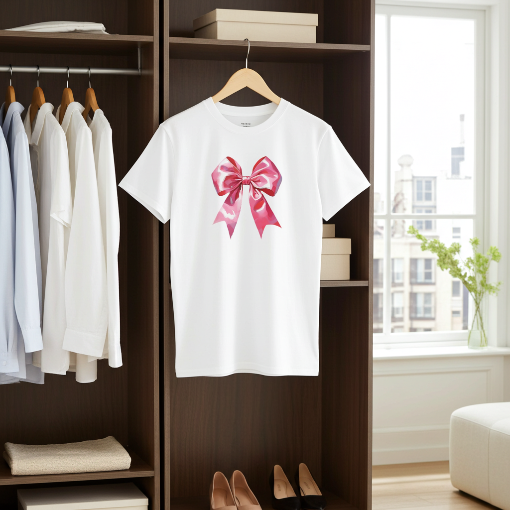 White t-shirt with pink bow design hanging in a wardrobe.