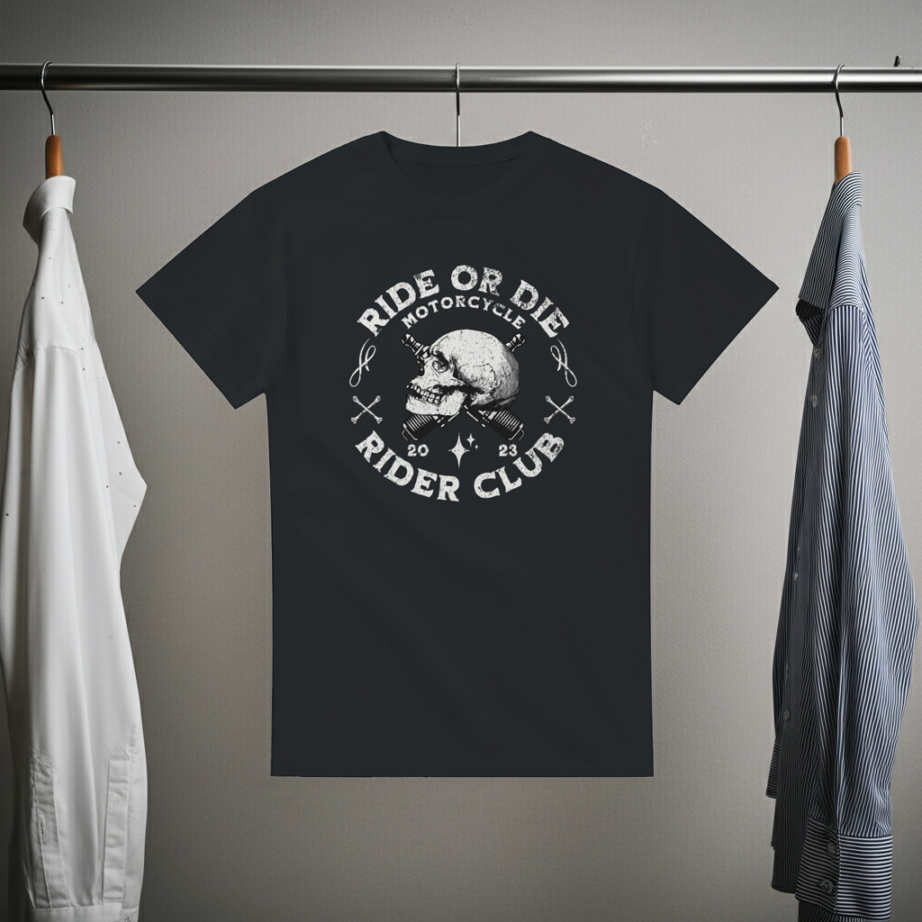 Black t-shirt with 'Ride or Die Rider Club' design on a hanger against a neutral background.