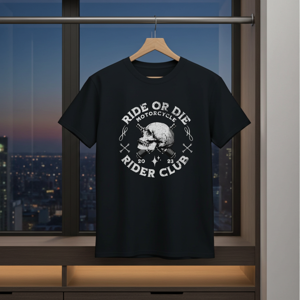 Black t-shirt with skull design and text on a hanger against a cityscape background
