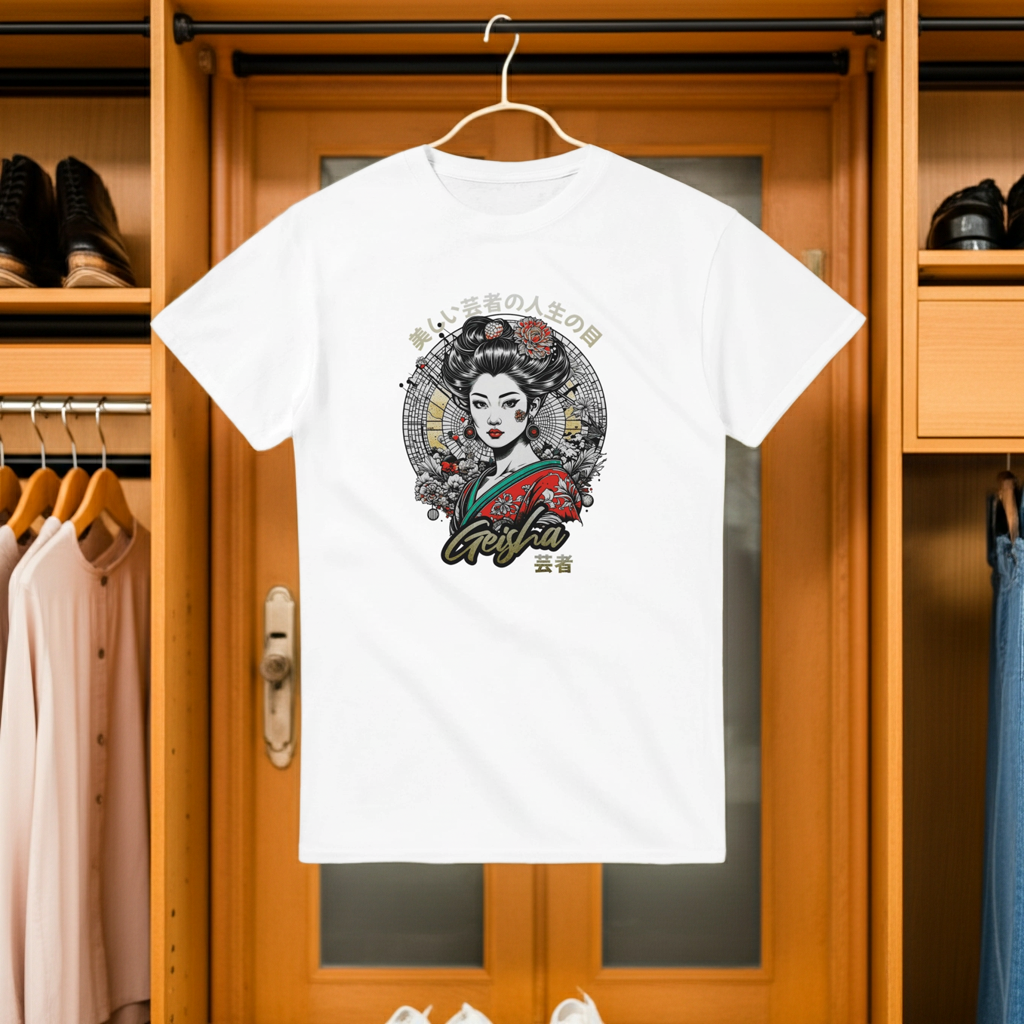 White t-shirt with a graphic design hanging in a wardrobe.