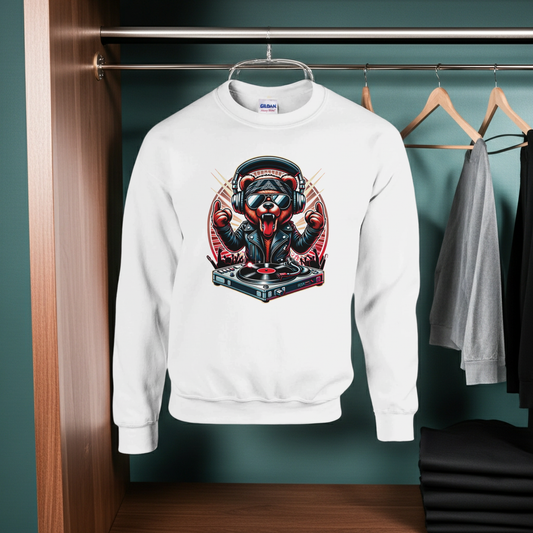 White sweatshirt with a graphic design of a bear dj on a hanger against a teal wall.