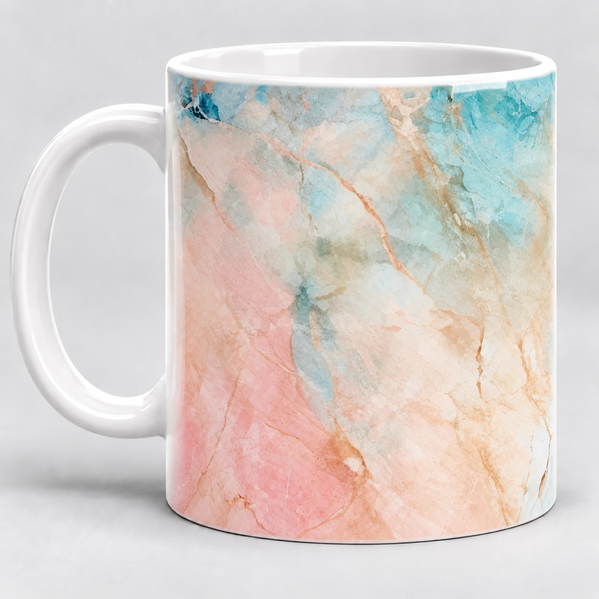 Pastel marble ceramic mug with peach and aqua abstract pattern, white handle