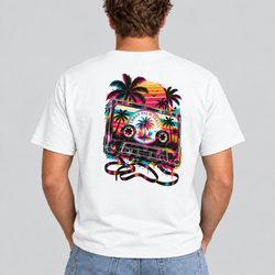 Men's white T-shirt with back cassette graphic and palm trees illustration