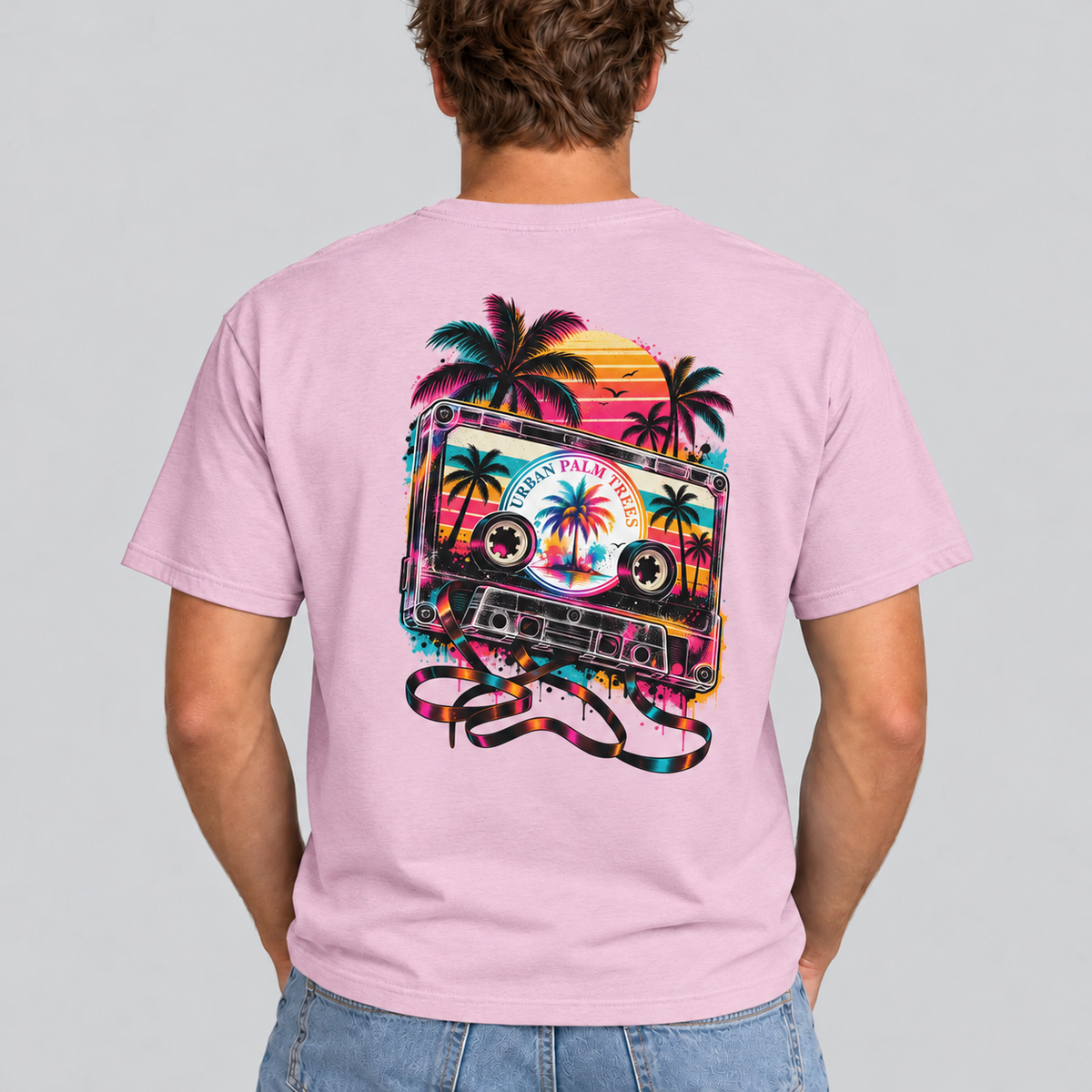 Men's light pink T-shirt with back cassette graphic and palm trees illustration