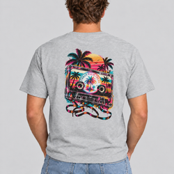 Men's light grey T-shirt with back cassette graphic and palm trees illustration