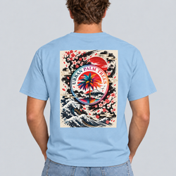 Light blue men’s T-shirt with square back graphic of palm, waves, and flowers