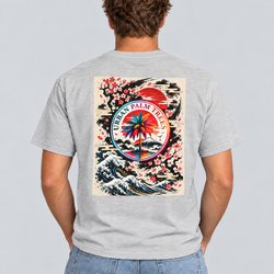 Light grey men’s T-shirt with square back graphic of palm, waves, and flowers