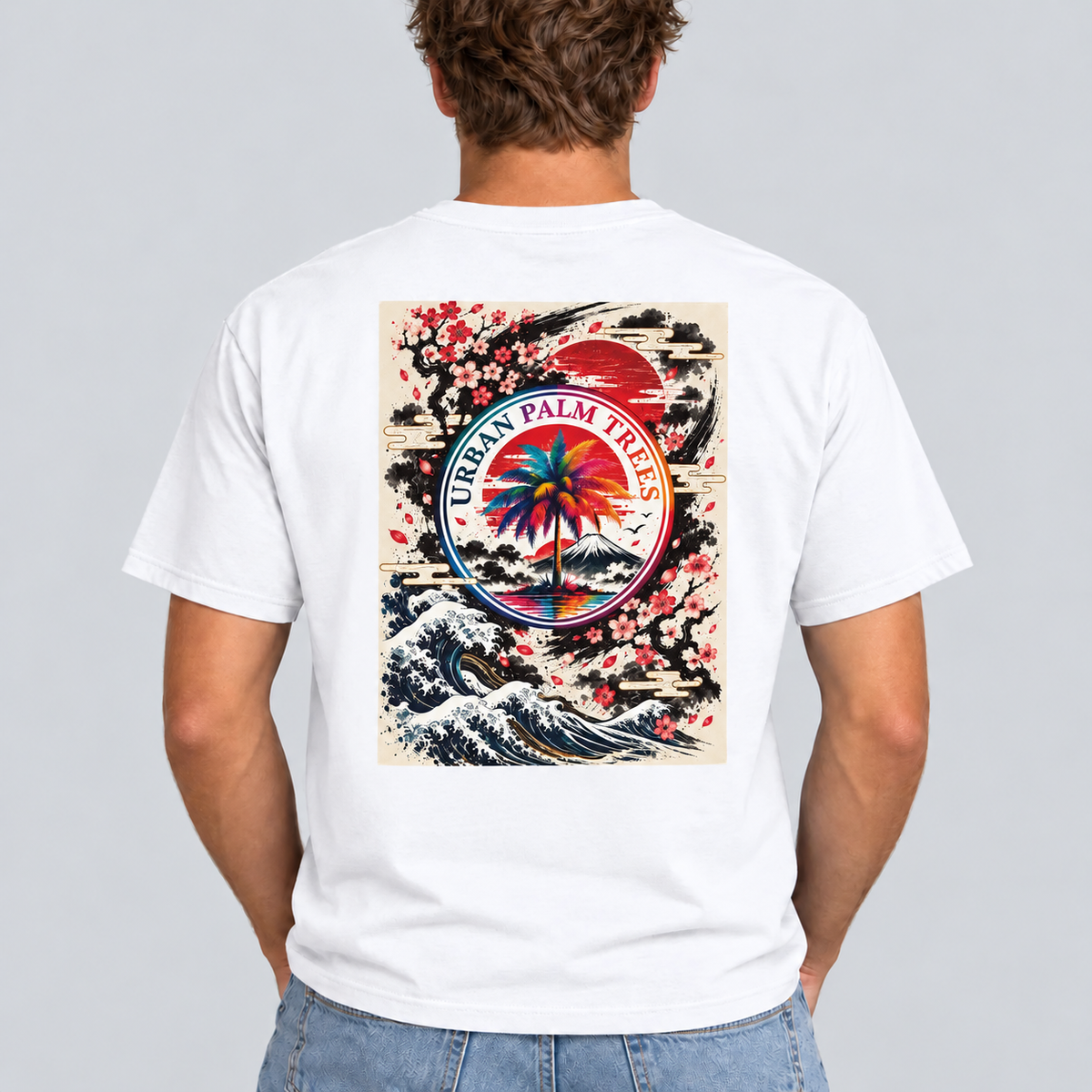 White men’s T-shirt with square back graphic of palm, waves, and flowers