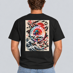 Black men’s T-shirt with square back graphic of palm, waves, and flowers