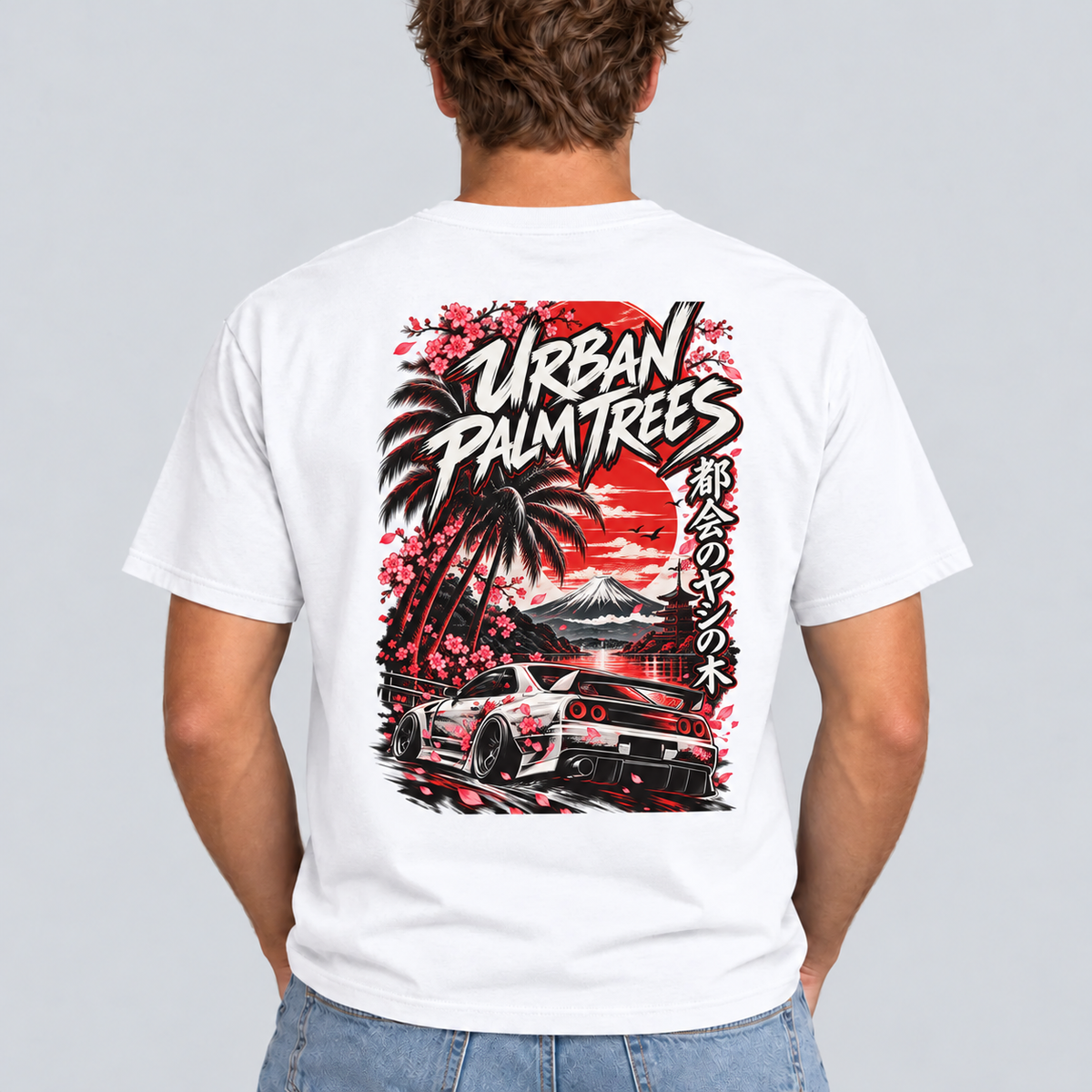 Men's white graphic T-shirt with Urban Palm Trees car print on back