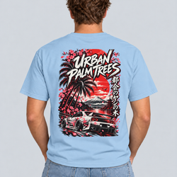 Men's light blue graphic T-shirt with Urban Palm Trees car print on back