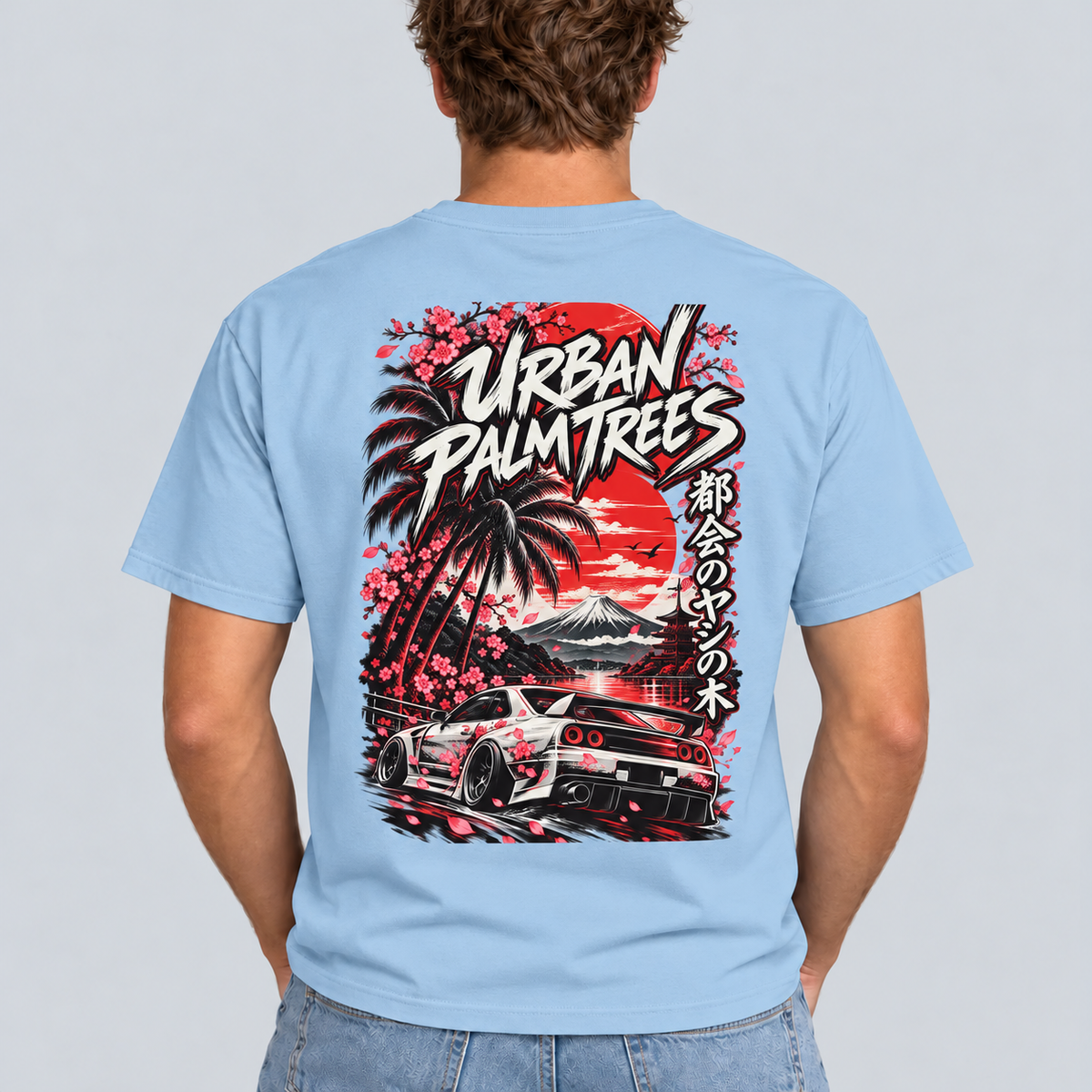 Men's light blue graphic T-shirt with Urban Palm Trees car print on back