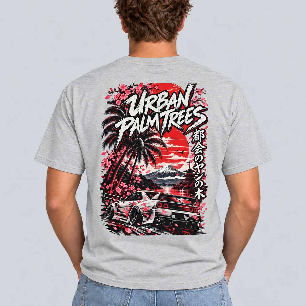 Men's light grey graphic T-shirt with Urban Palm Trees car print on back