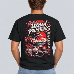 Men's black graphic T-shirt with Urban Palm Trees car print on back