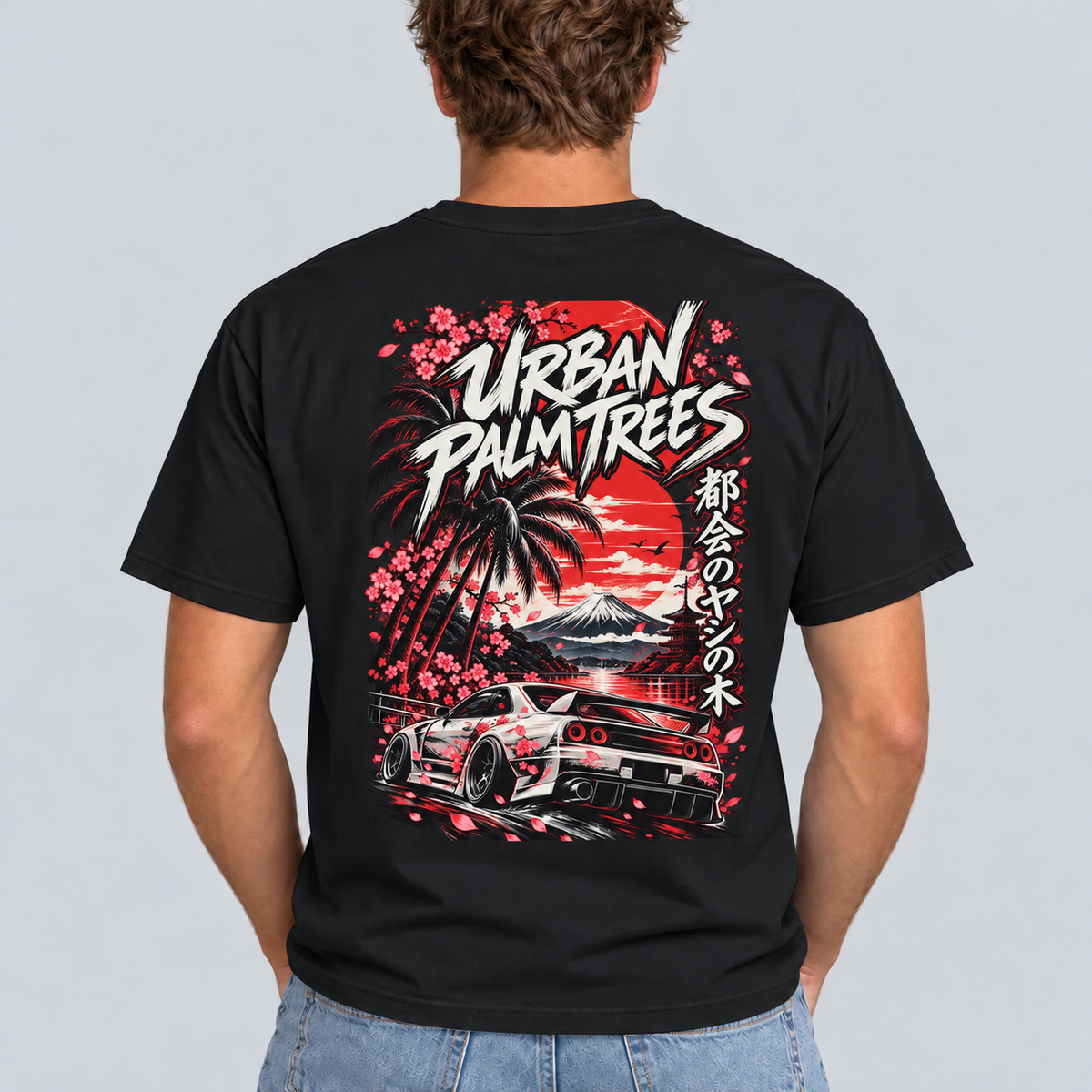 Men's black graphic T-shirt with Urban Palm Trees car print on back