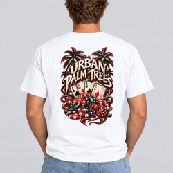 White men's poker T-shirt with casino cards and chips graphic on back