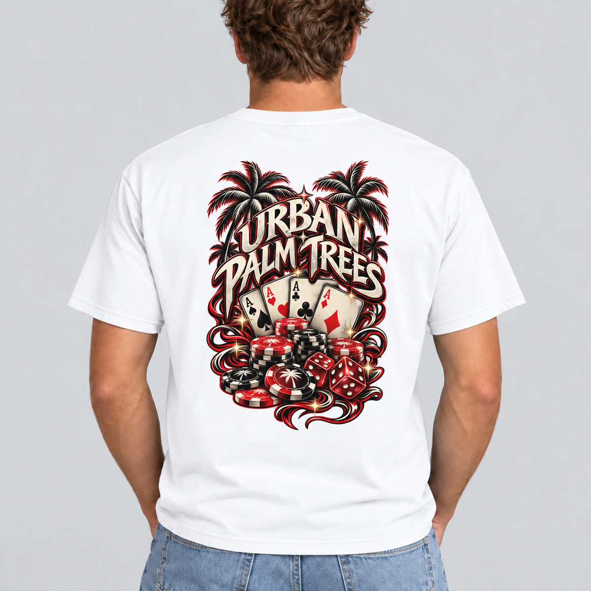 White men's poker T-shirt with casino cards and chips graphic on back