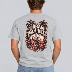 Light gray men's poker T-shirt with casino cards and chips graphic on back