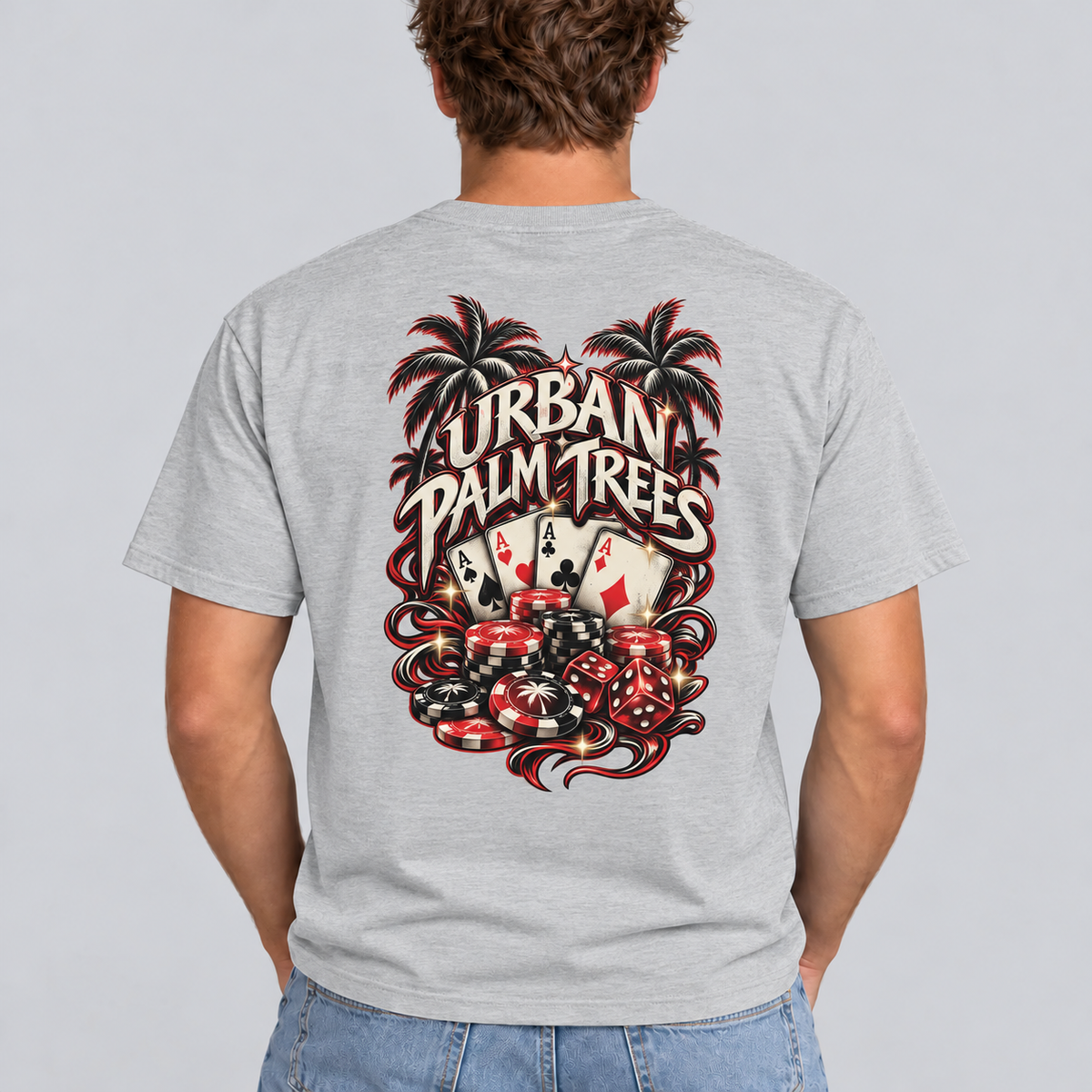 Light gray men's poker T-shirt with casino cards and chips graphic on back