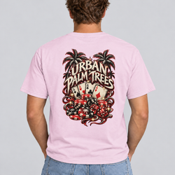Light pink men's poker T-shirt with casino cards and chips graphic on back