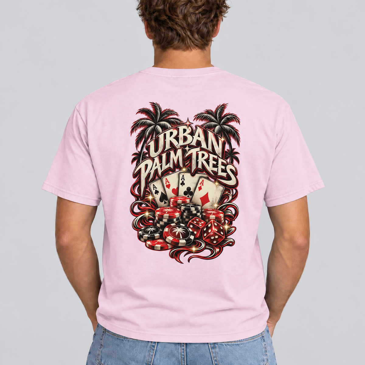 Light pink men's poker T-shirt with casino cards and chips graphic on back