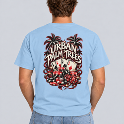 Light blue men's poker T-shirt with casino cards and chips graphic on back