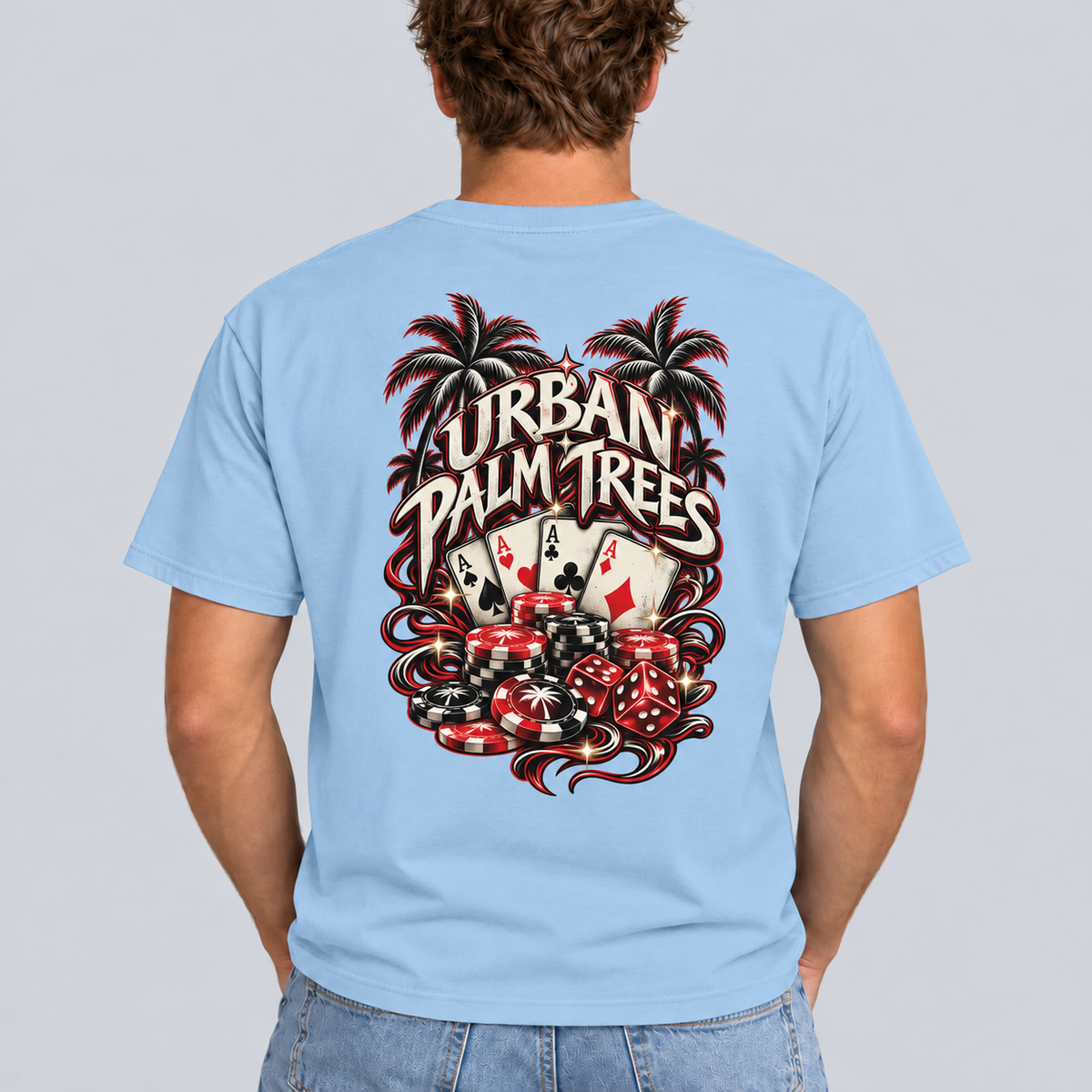 Light blue men's poker T-shirt with casino cards and chips graphic on back