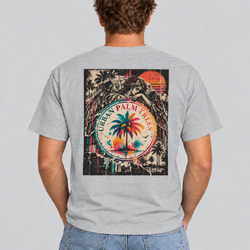 Men's light grey crew-neck T-shirt with Urban Palm retro graphic back print.