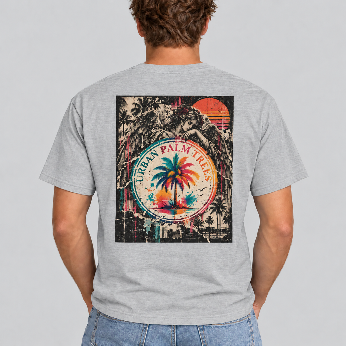 Men's light grey crew-neck T-shirt with Urban Palm retro graphic back print.