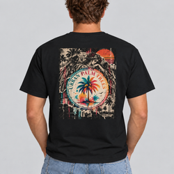 Men's black crew-neck T-shirt with Urban Palm retro graphic back print.