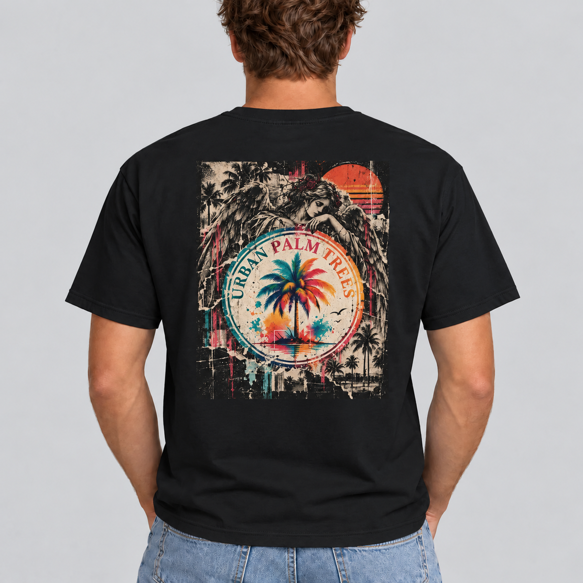 Men's black crew-neck T-shirt with Urban Palm retro graphic back print.