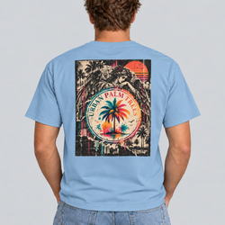 Men's light blue crew-neck T-shirt with Urban Palm retro graphic back print.
